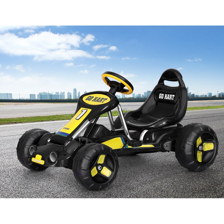 rigo kids pedal go kart ride on toys racing car plastic tyre black Black and yellow go-kart on racetrack