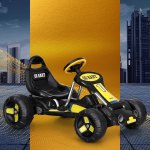 rigo kids pedal go kart ride on toys racing car plastic tyre black Black and yellow go-kart with city backdrop