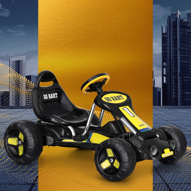 rigo kids pedal go kart ride on toys racing car plastic tyre black Black and yellow go-kart with city backdrop