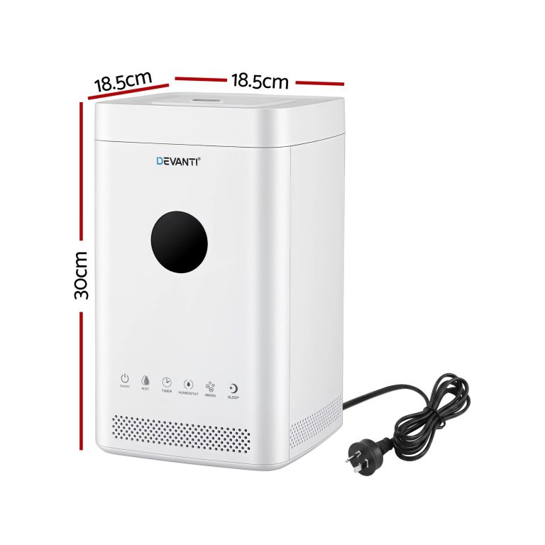 devanti ultrasonic humidifier air purifier top fill auto humidity 3.5l white White Devanti dehumidifier with dimensions and power cord