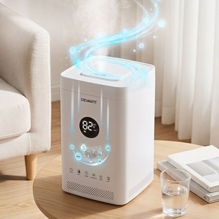 devanti ultrasonic humidifier air purifier top fill auto humidity 3.5l white Devanti dehumidifier operating in modern living room