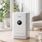 devanti ultrasonic humidifier air purifier top fill auto humidity 3.5l white Devanti humidifier emitting mist in bright living room