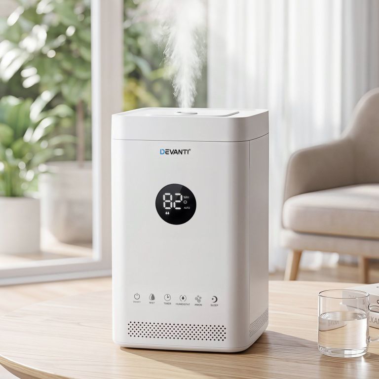 devanti ultrasonic humidifier air purifier top fill auto humidity 3.5l white Devanti humidifier emitting mist in bright living room