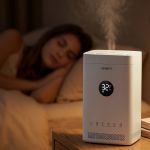 devanti ultrasonic humidifier air purifier top fill auto humidity 3.5l white Bedside humidifier misting beside sleeping woman
