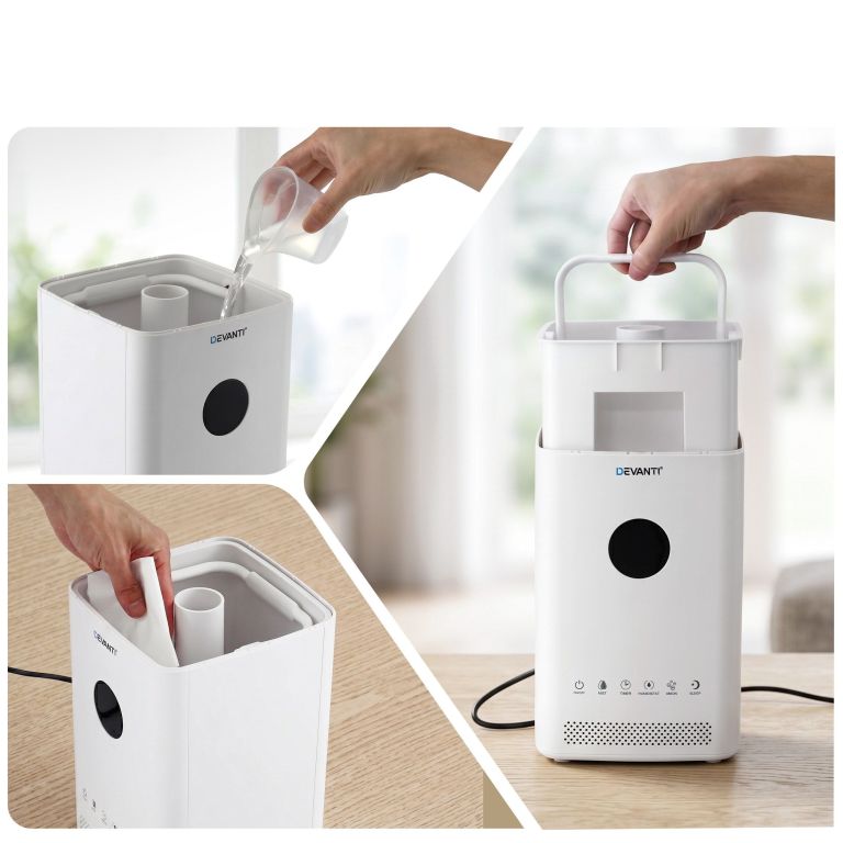 devanti ultrasonic humidifier air purifier top fill auto humidity 3.5l white Filling and assembling Devanti humidifier on table