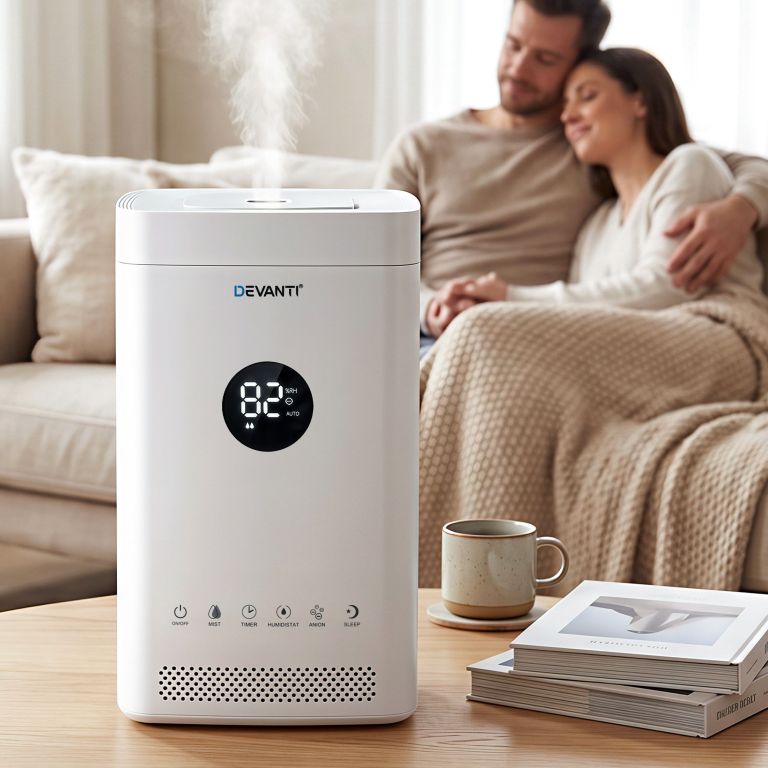 devanti ultrasonic humidifier air purifier top fill auto humidity 3.5l white Devanti dehumidifier in cosy living room