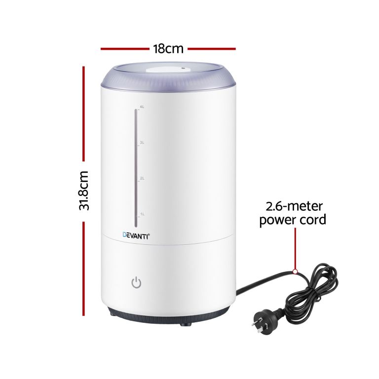 devanti ultrasonic humidifier aroma diffuser top fill quiet bedroom 4l white Devanti humidifier with dimensions and power cord