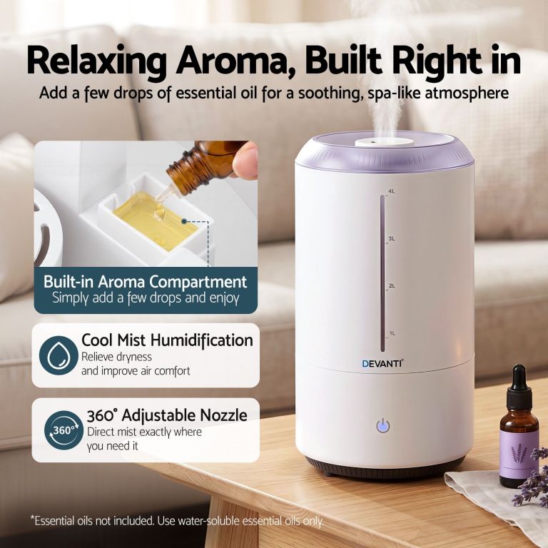 devanti ultrasonic humidifier aroma diffuser top fill quiet bedroom 4l white Devanti humidifier with built-in aroma compartment
