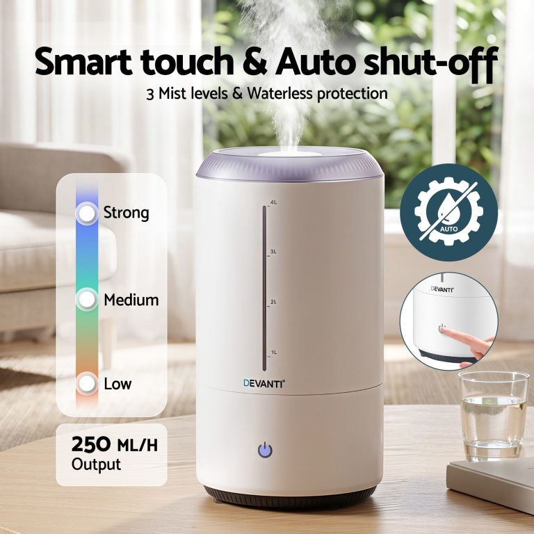 devanti ultrasonic humidifier aroma diffuser top fill quiet bedroom 4l white Devanti humidifier with smart touch and mist