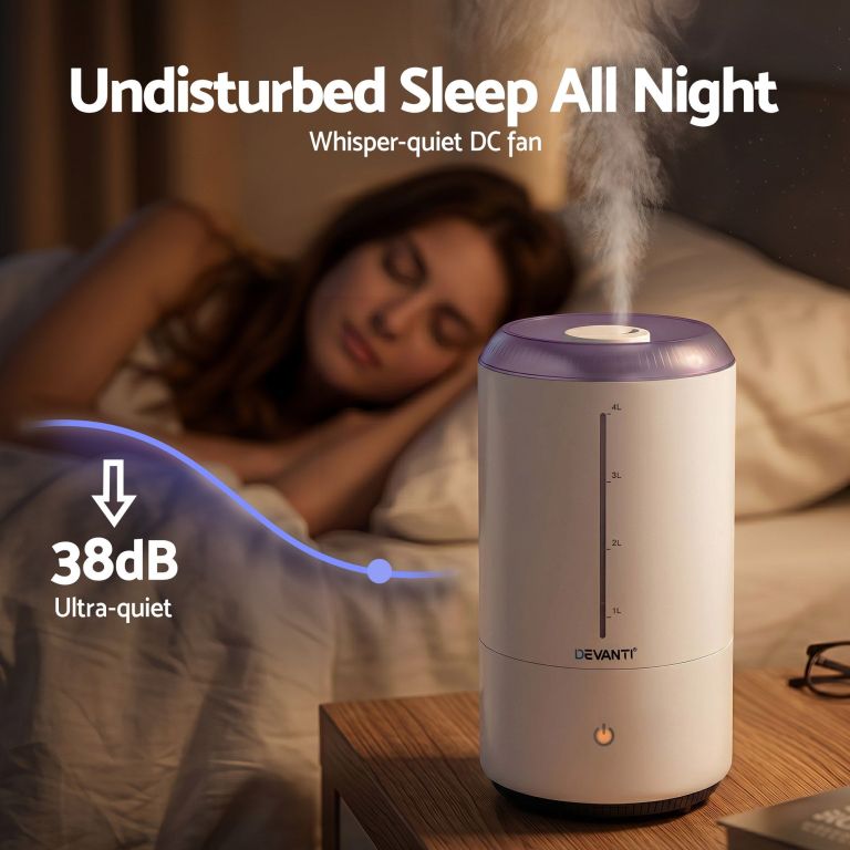 devanti ultrasonic humidifier aroma diffuser top fill quiet bedroom 4l white Ultra-quiet bedside humidifier with sleeping woman