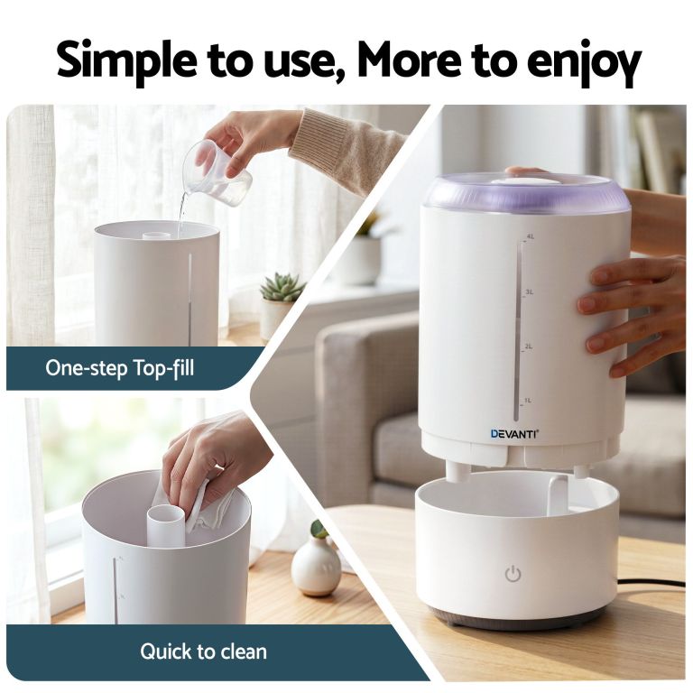 devanti ultrasonic humidifier aroma diffuser top fill quiet bedroom 4l white Top-fill Devanti humidifier with easy-clean design
