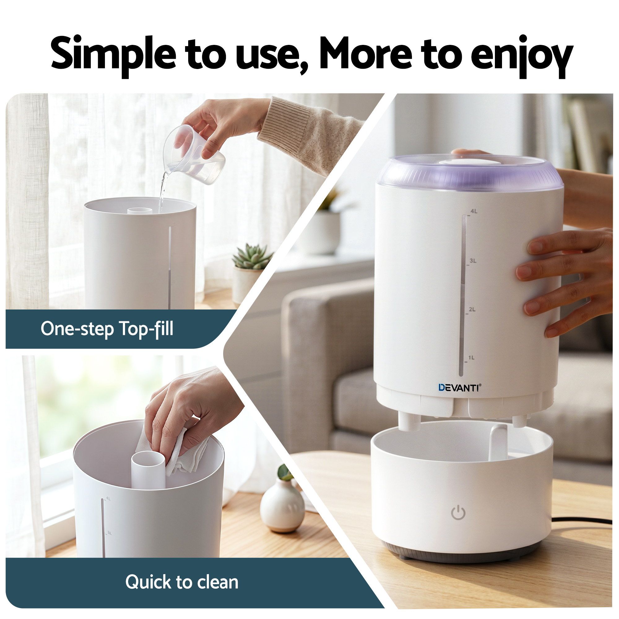 Top-fill Devanti humidifier with easy-clean design