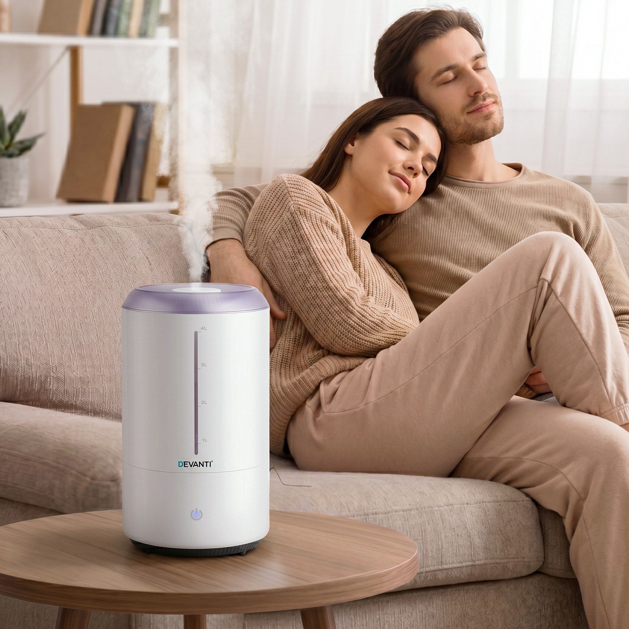 Couple relaxing beside humidifier in cosy living room