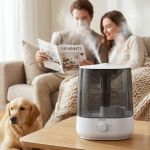 Humidifier misting beside couple reading on sofa