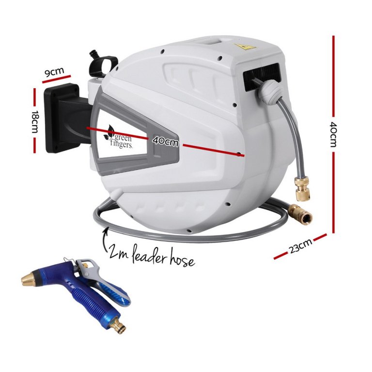 green fingers 30m water hose reel retractable auto rewind wall mount garden spray gun Wall-mounted retractable garden hose reel with dimensions