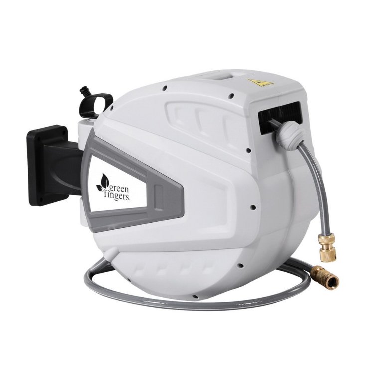 green fingers 30m water hose reel retractable auto rewind wall mount garden spray gun Wall-mounted retractable garden hose reel unit