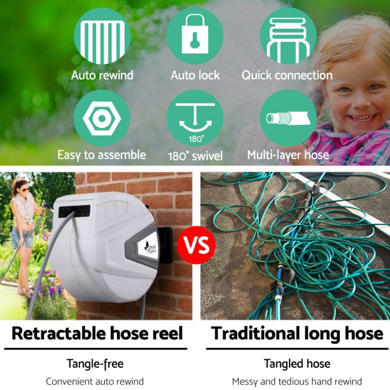 green fingers 30m water hose reel retractable auto rewind wall mount garden spray gun Retractable hose reel versus tangled traditional garden hose