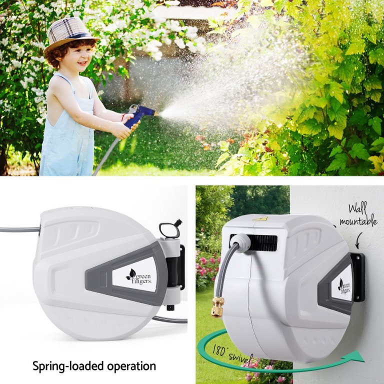 green fingers 30m water hose reel retractable auto rewind wall mount garden spray gun Child watering garden with retractable hose reel