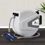 green fingers 30m water hose reel retractable auto rewind wall mount garden spray gun Wall-mounted retractable garden hose reel with spray nozzle