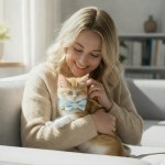 Woman cuddling ginger kitten wearing blue bow tie