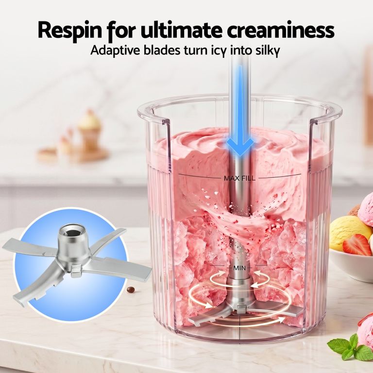 Blender churning pink ice cream with adaptive blades