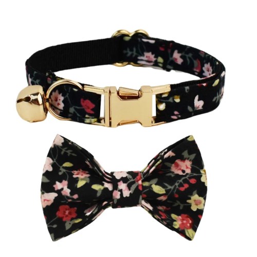Black floral cat collar and matching bow tie