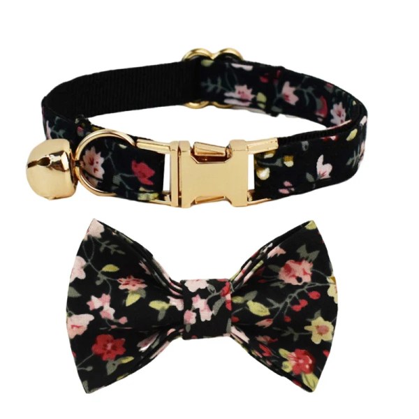 image 1 Black floral cat collar and matching bow tie