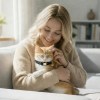 image 1 Woman cuddling ginger kitten on sofa