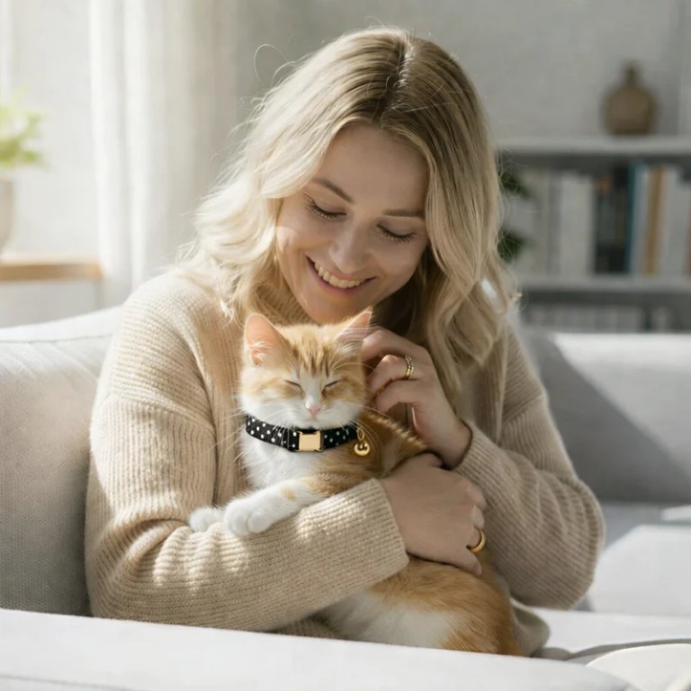 Woman cuddling ginger kitten on sofa