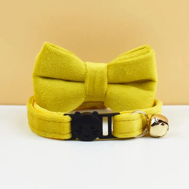 image 1 Yellow pet collar with bow and bell