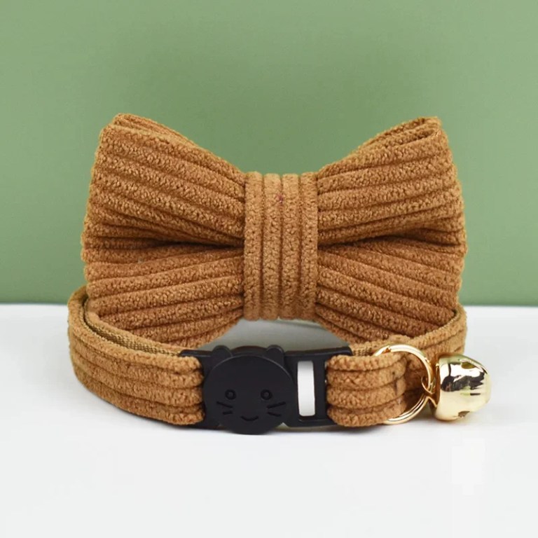Brown corduroy bow tie cat collar with bell
