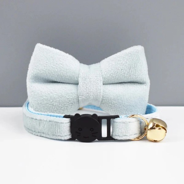 image 1 Light blue plush cat collar with bow and bell