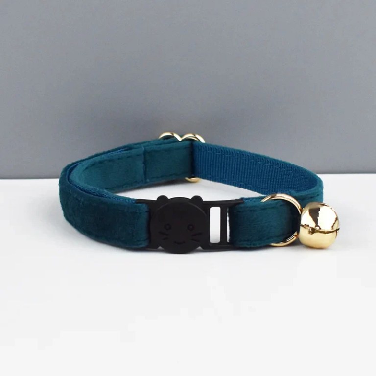 image 1 Teal cat collar with gold bell and clasp