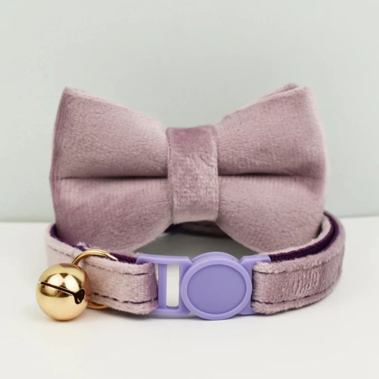 Pink velvet pet collar with bow and bell