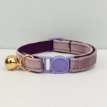 Beige cat collar with purple buckle and bell