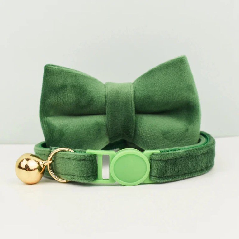 Green velvet pet collar with bow and bell