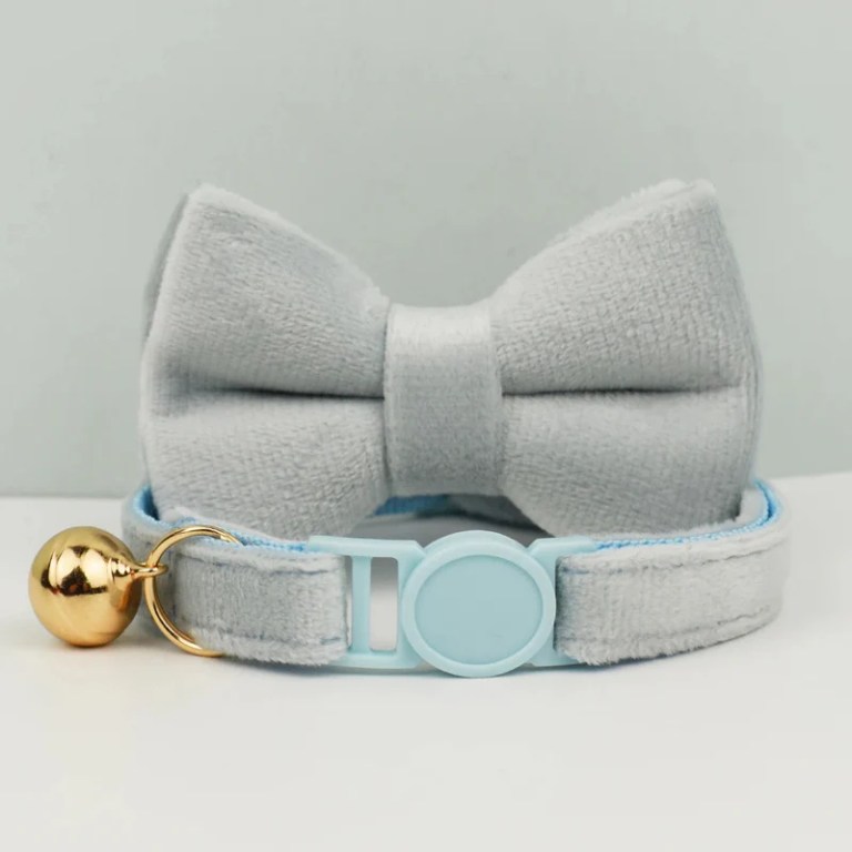 image 1 Grey bow tie pet collar with gold bell