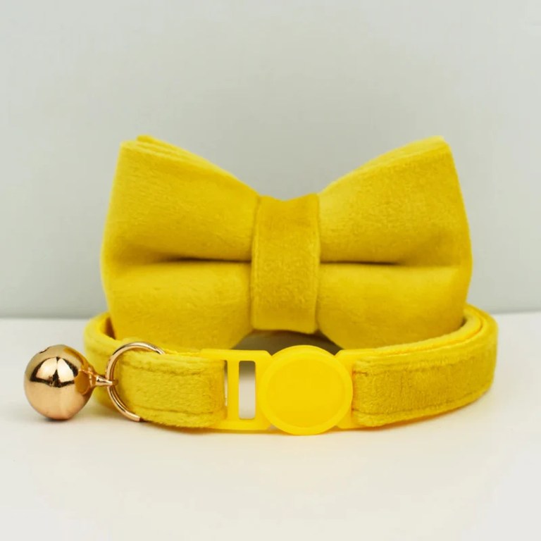 image 1 Yellow pet collar with bow tie and bell