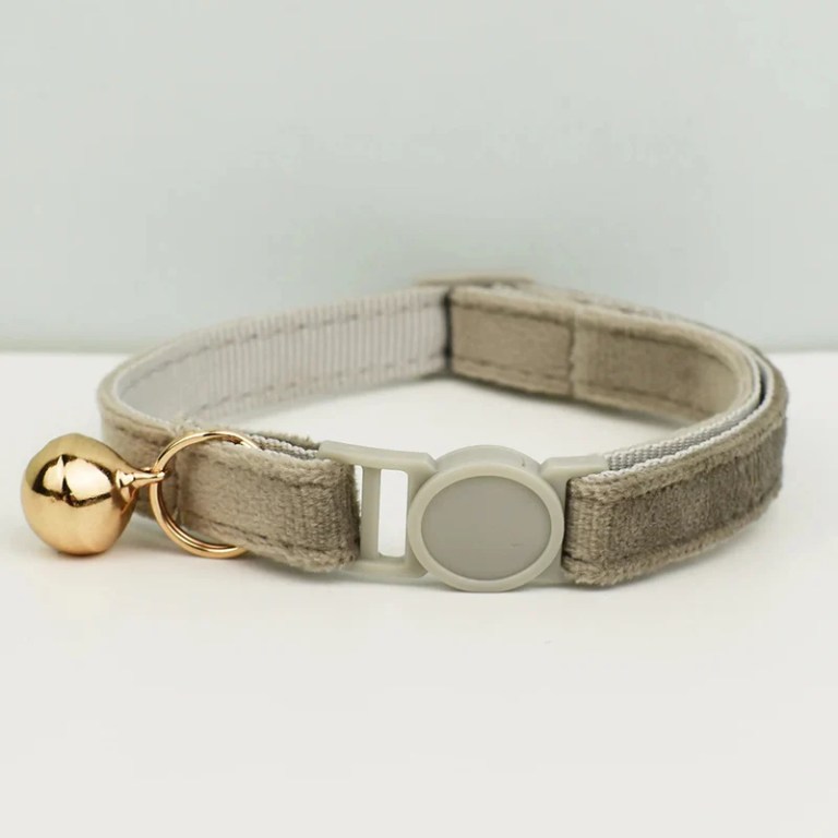 Beige velvet cat collar with gold bell