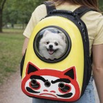 Small white dog in yellow backpack carrier