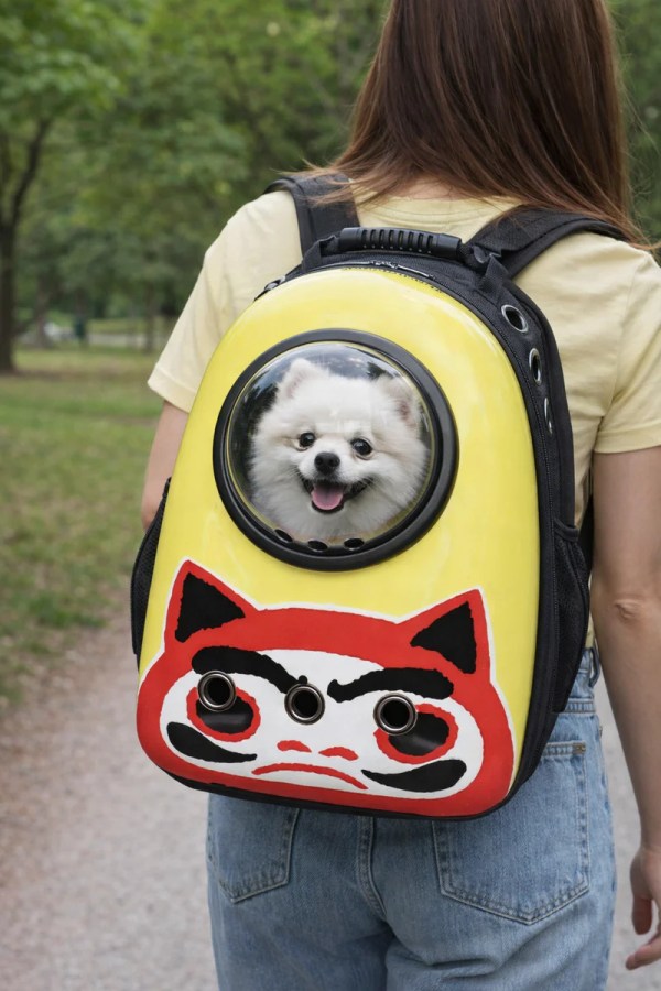 Small white dog in yellow backpack carrier
