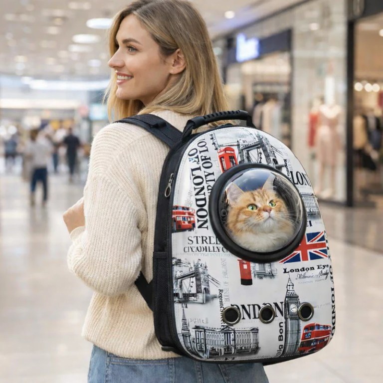 Woman carrying cat in bubble backpack carrier