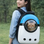 image 1 Woman carrying cat in bubble backpack outdoors