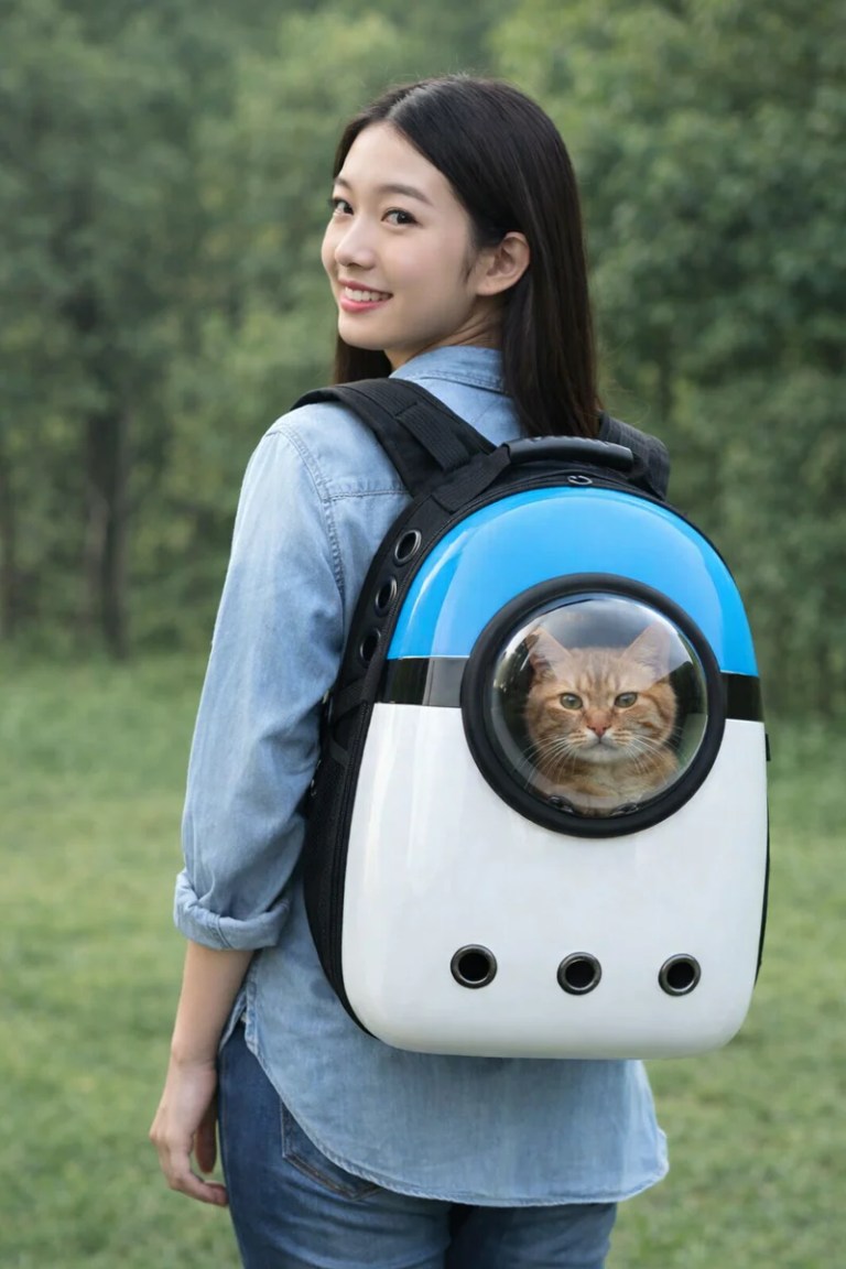 image 1 Woman carrying cat in bubble backpack outdoors