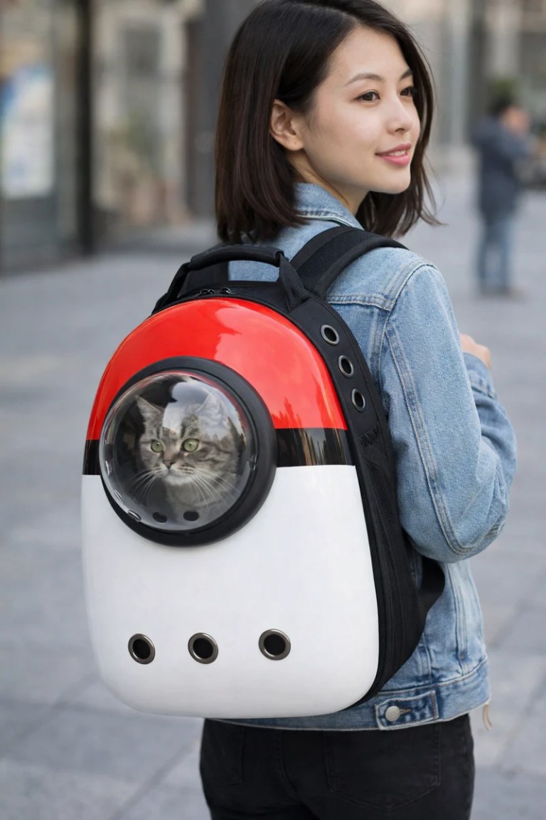 Woman carrying cat in bubble backpack