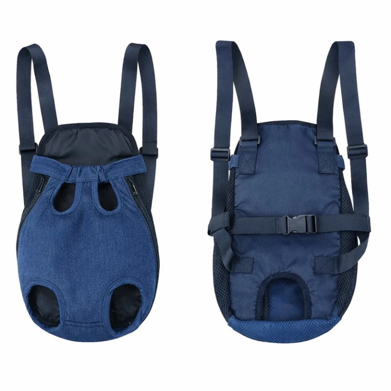 Blue pet carrier backpack with leg openings