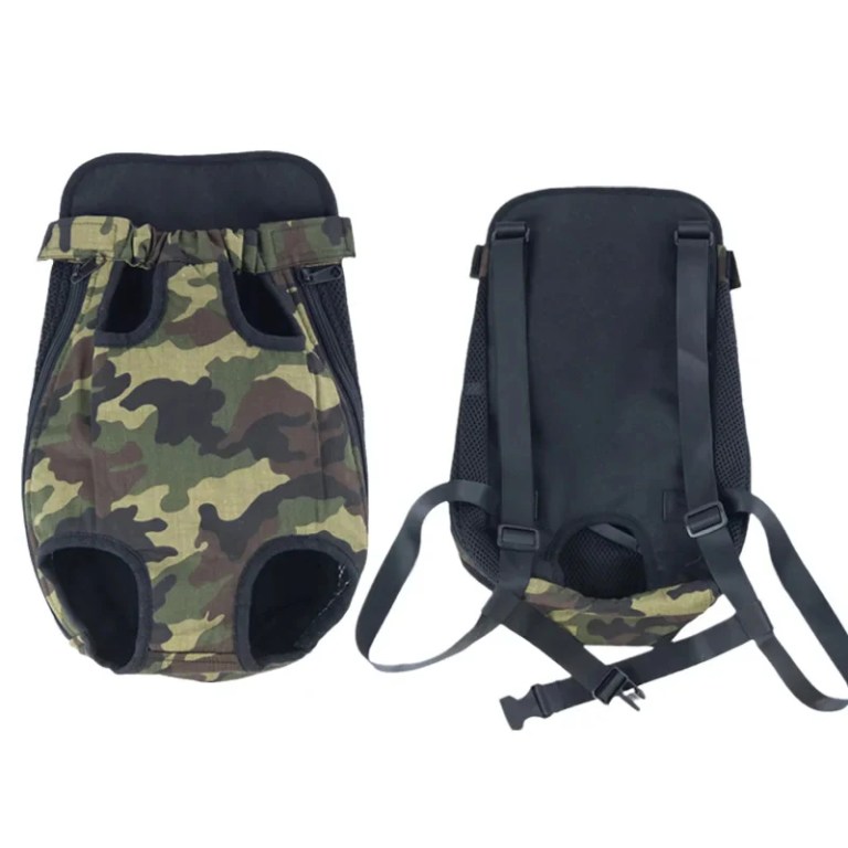 Camouflage pet backpack carrier front and back views