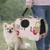 Small fluffy dog beside stylish pet carrier outdoors