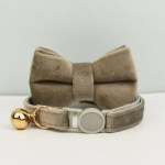 image 1 Beige velvet pet collar with bow and bell