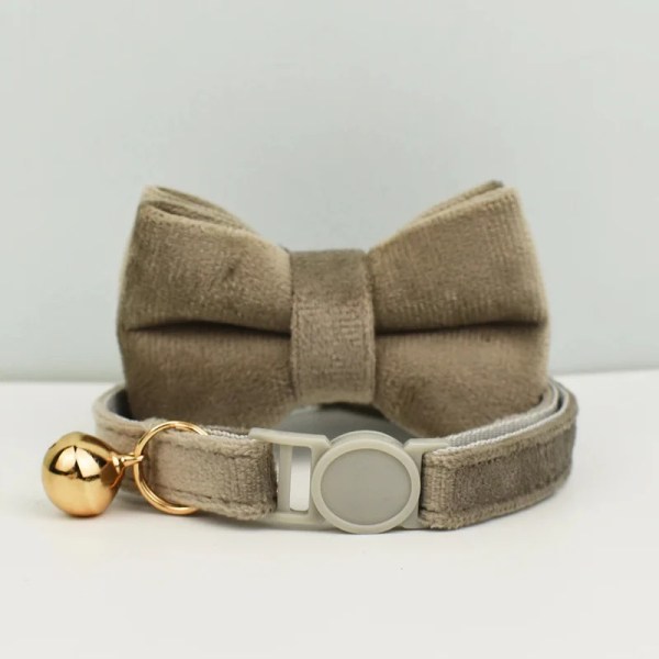 image 1 Beige velvet pet collar with bow and bell